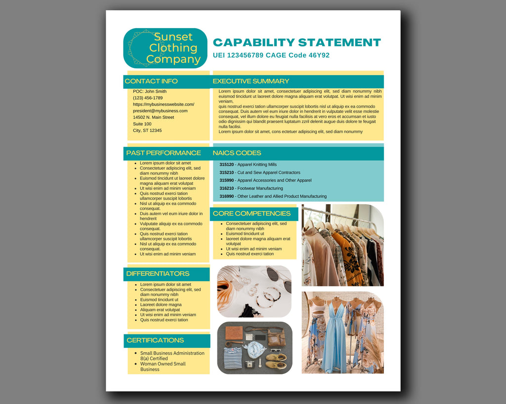 Clothing Company Capability Statement Template: Government Proposal (Canva Editable)