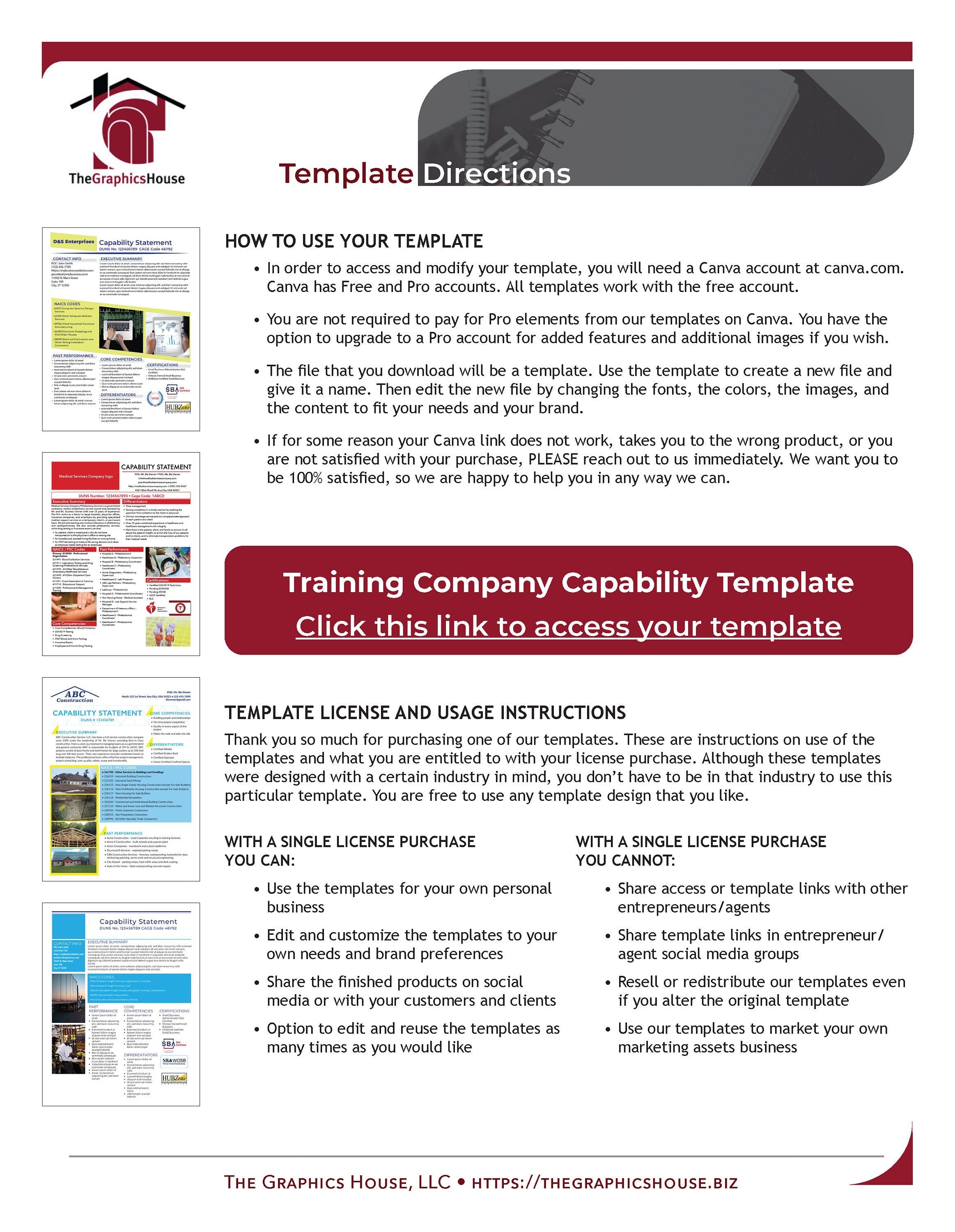 Capability brochure template editable in Canva, Government marketing statement template for employee training