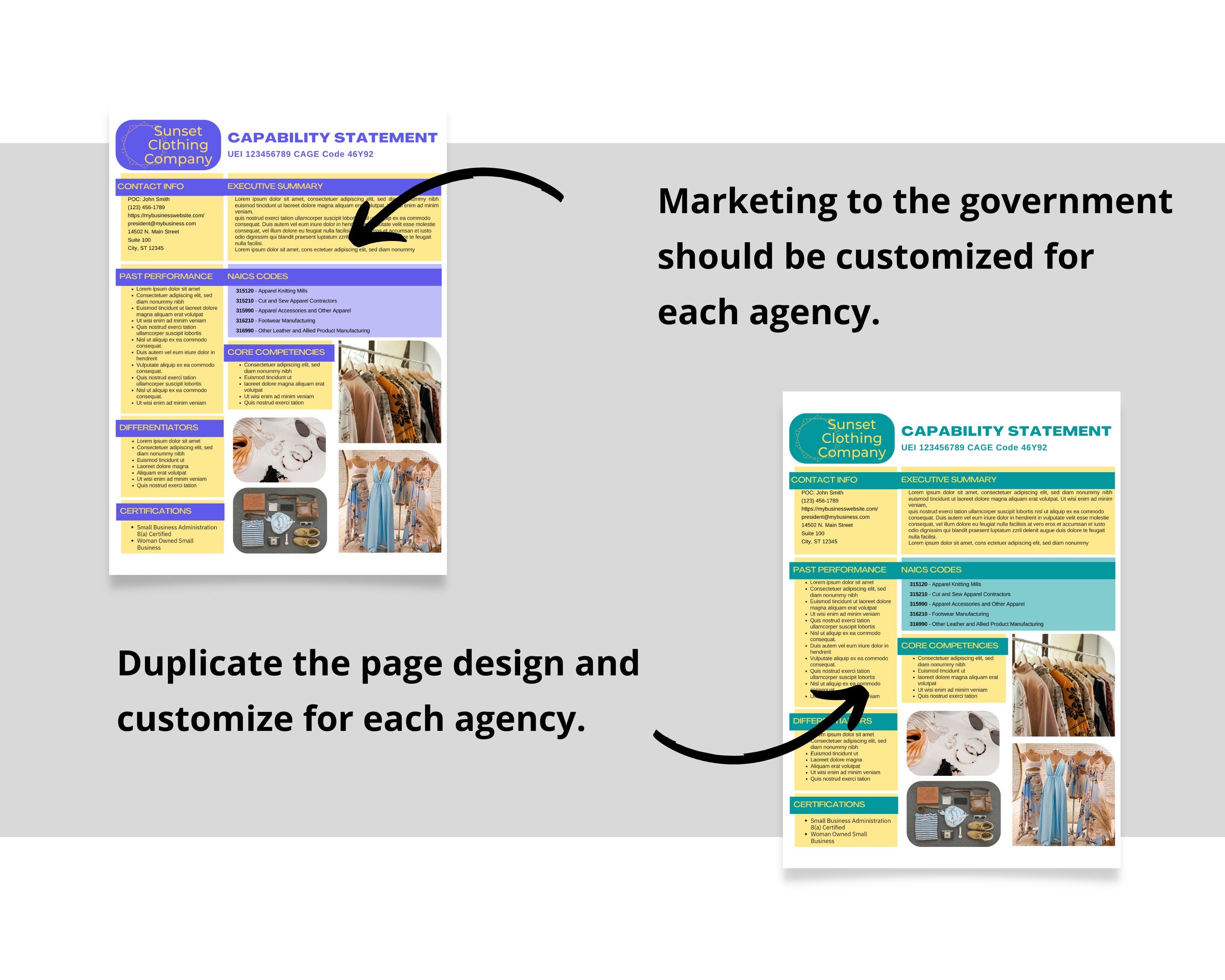 Clothing Company Capability Statement Template: Government Proposal (Canva Editable)