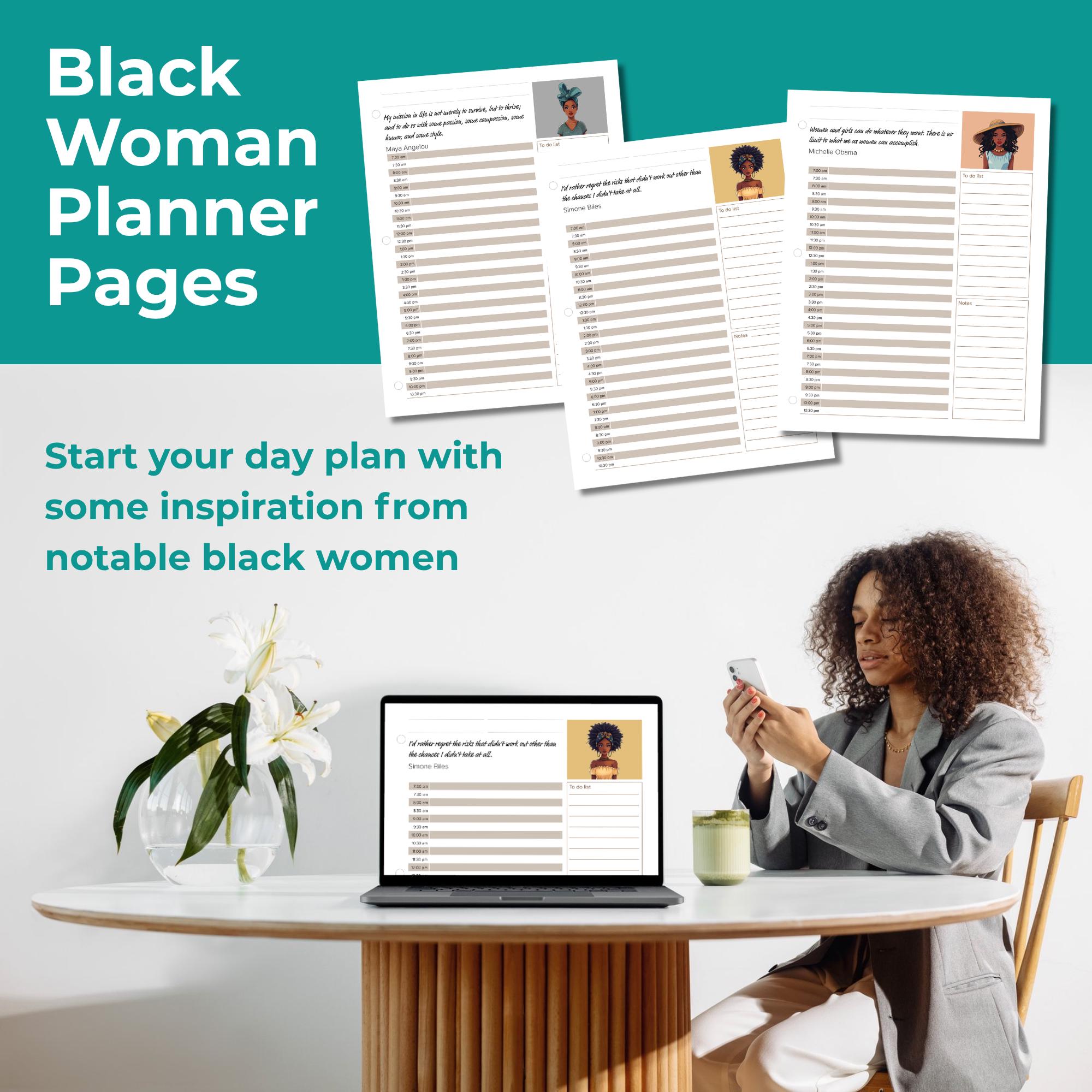 Planner pages with inspirational quotes from notable Black Women