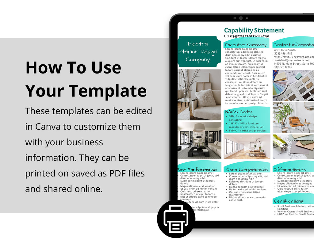 Interior Design Government Proposal Template: Canva Editable Capability Statement