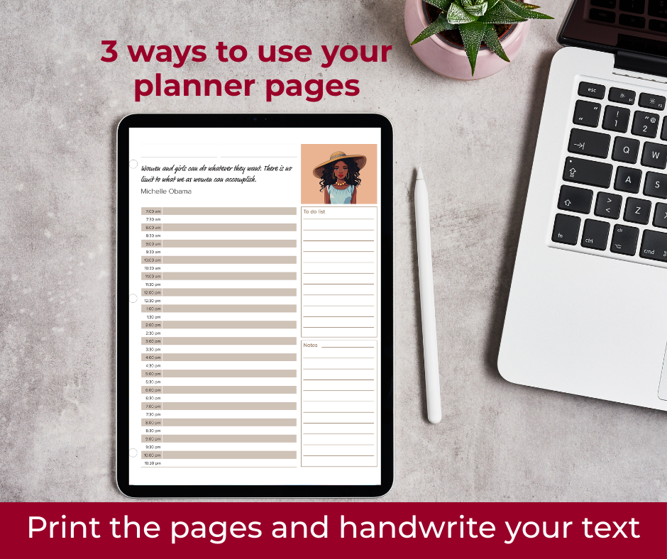 Planner pages with inspirational quotes from notable Black Women