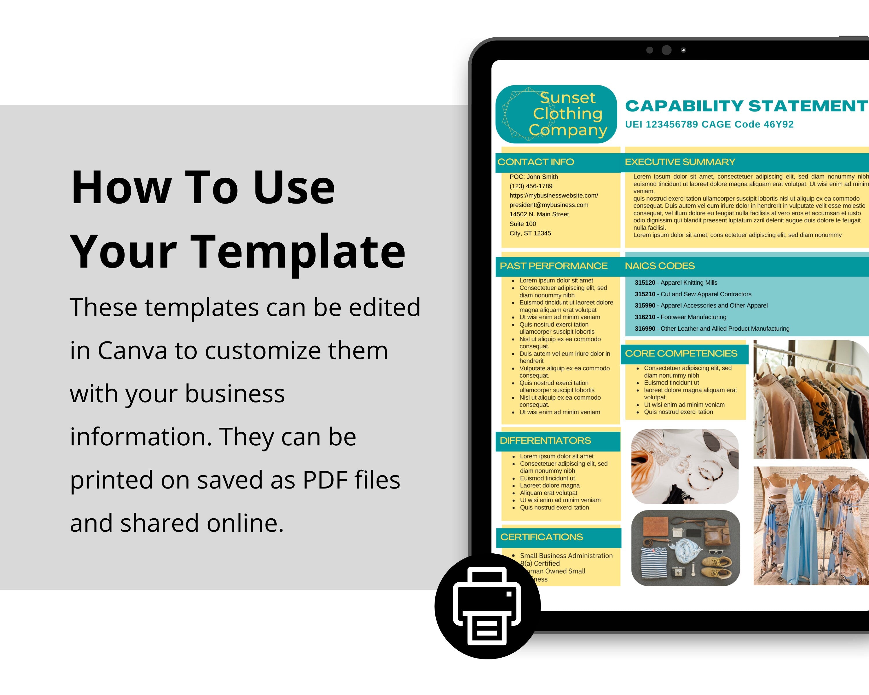 Clothing Company Capability Statement Template: Government Proposal (Canva Editable)