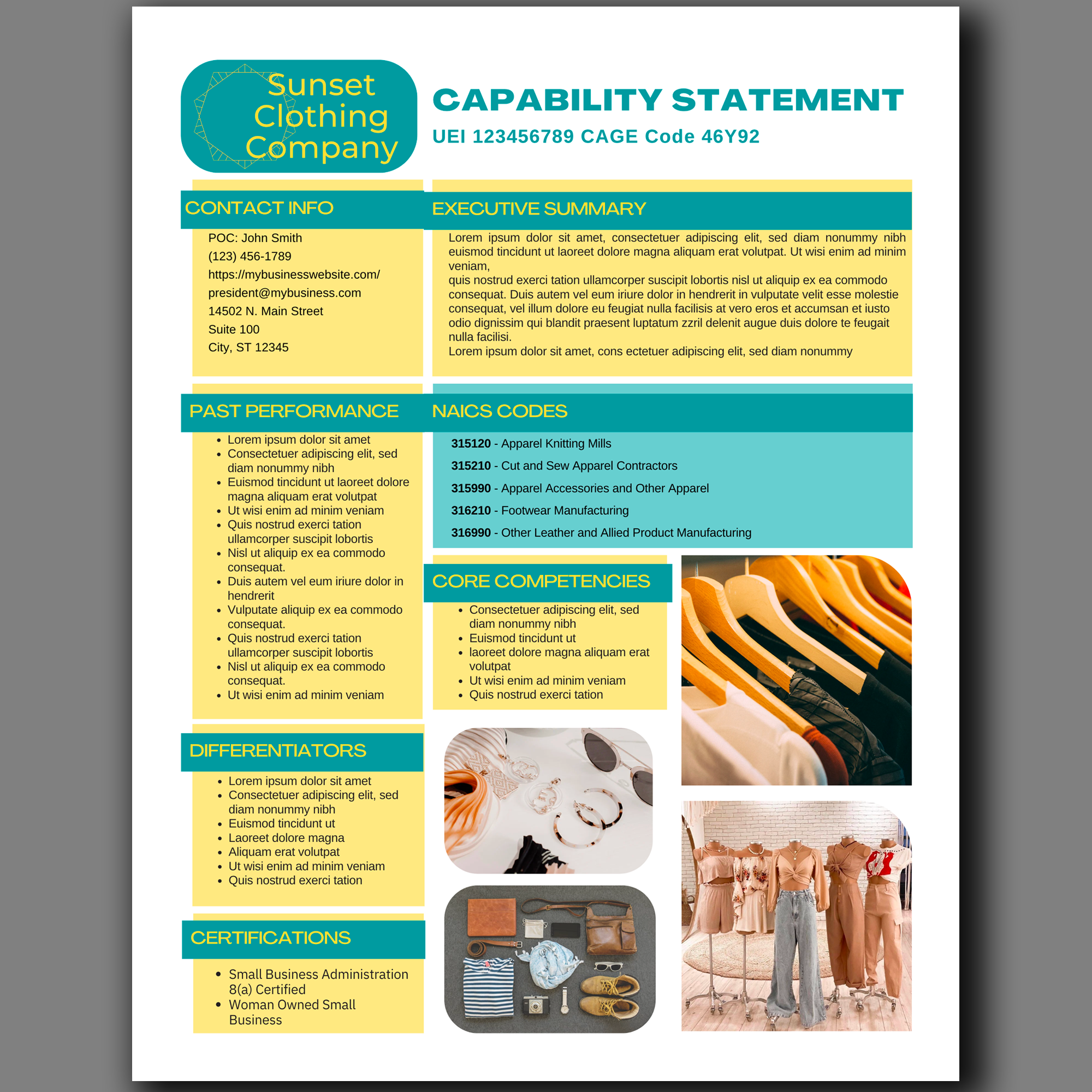 Clothing Company Capability Statement Template: Government Proposal (Canva Editable)