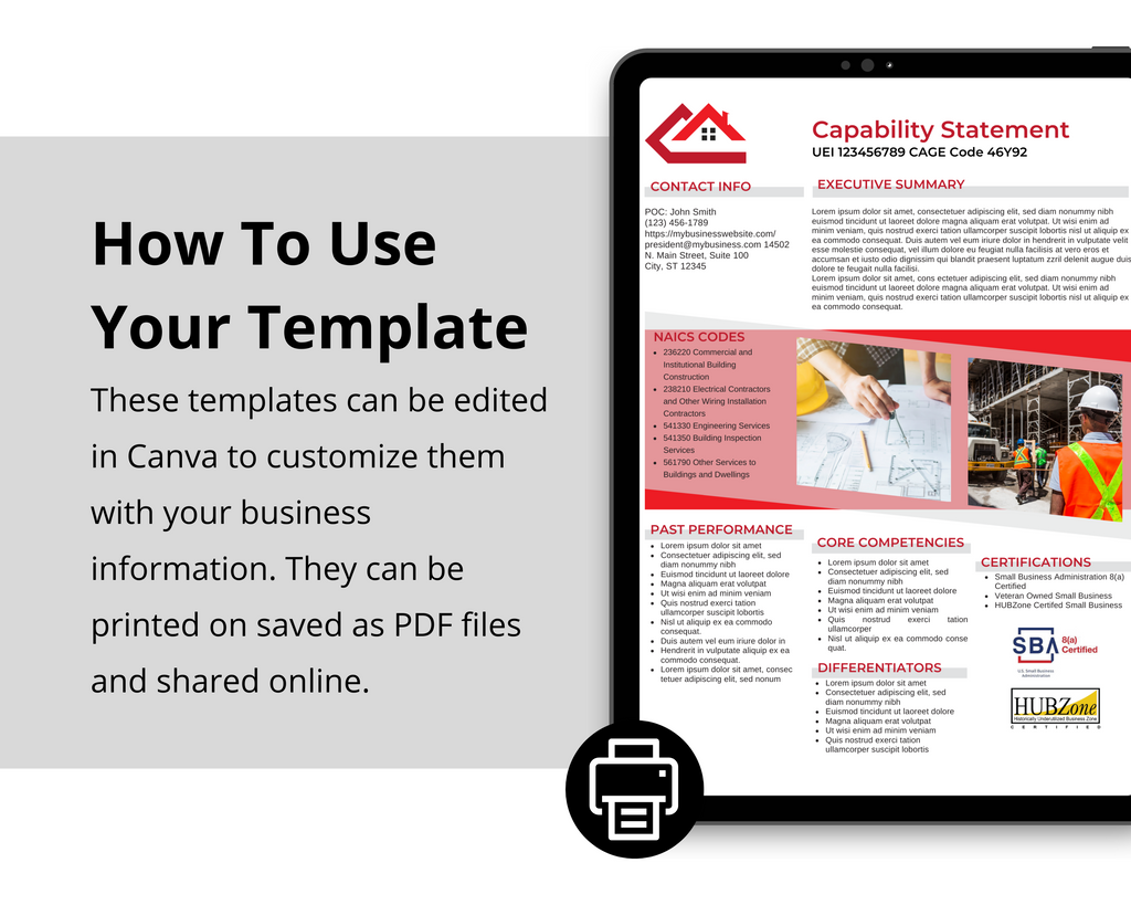 Capability business template for entrepreneurs, Construction companies marketing to government agencies