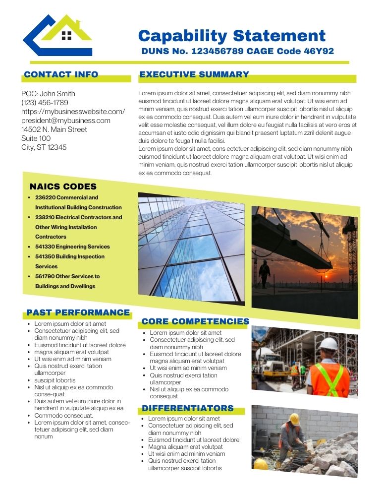 Capability business template for entrepreneurs, Construction companies marketing to government agencies