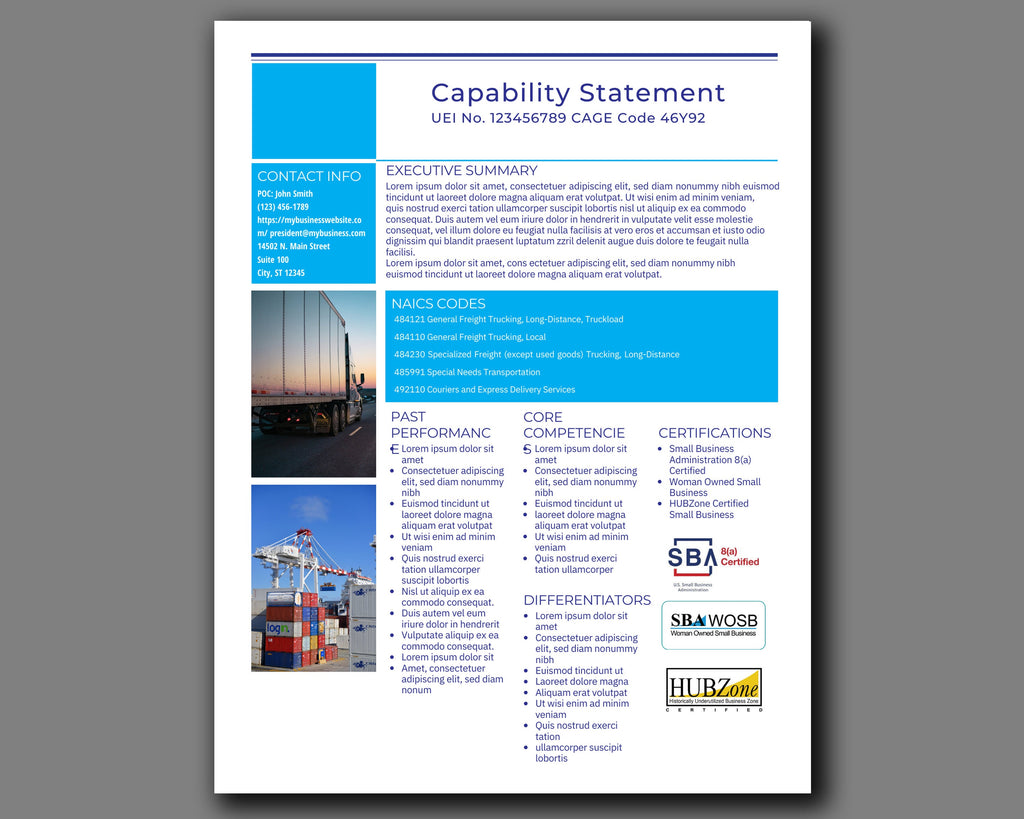 Editable Logistics Capability Statement Template: Government Marketing (Canva)