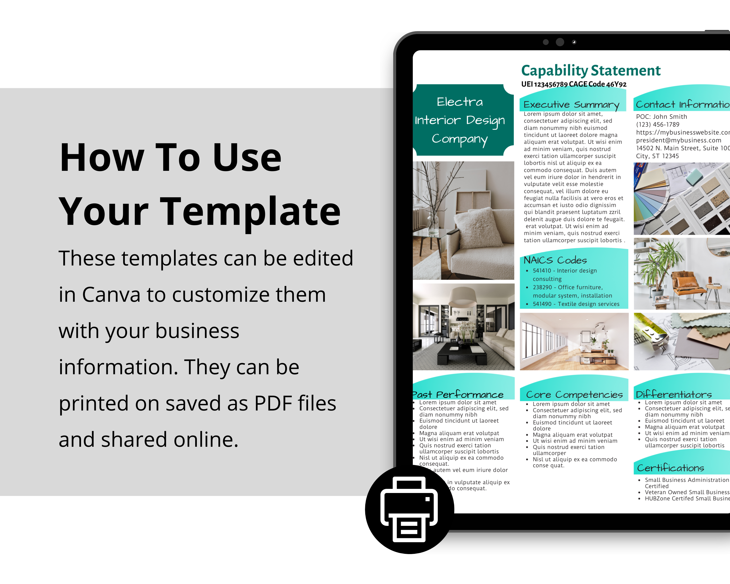 Interior Design Government Proposal Template: Canva Editable Capability Statement