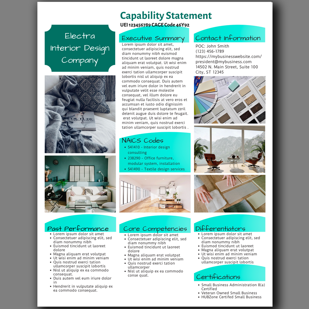 Interior Design Government Proposal Template: Canva Editable Capability Statement