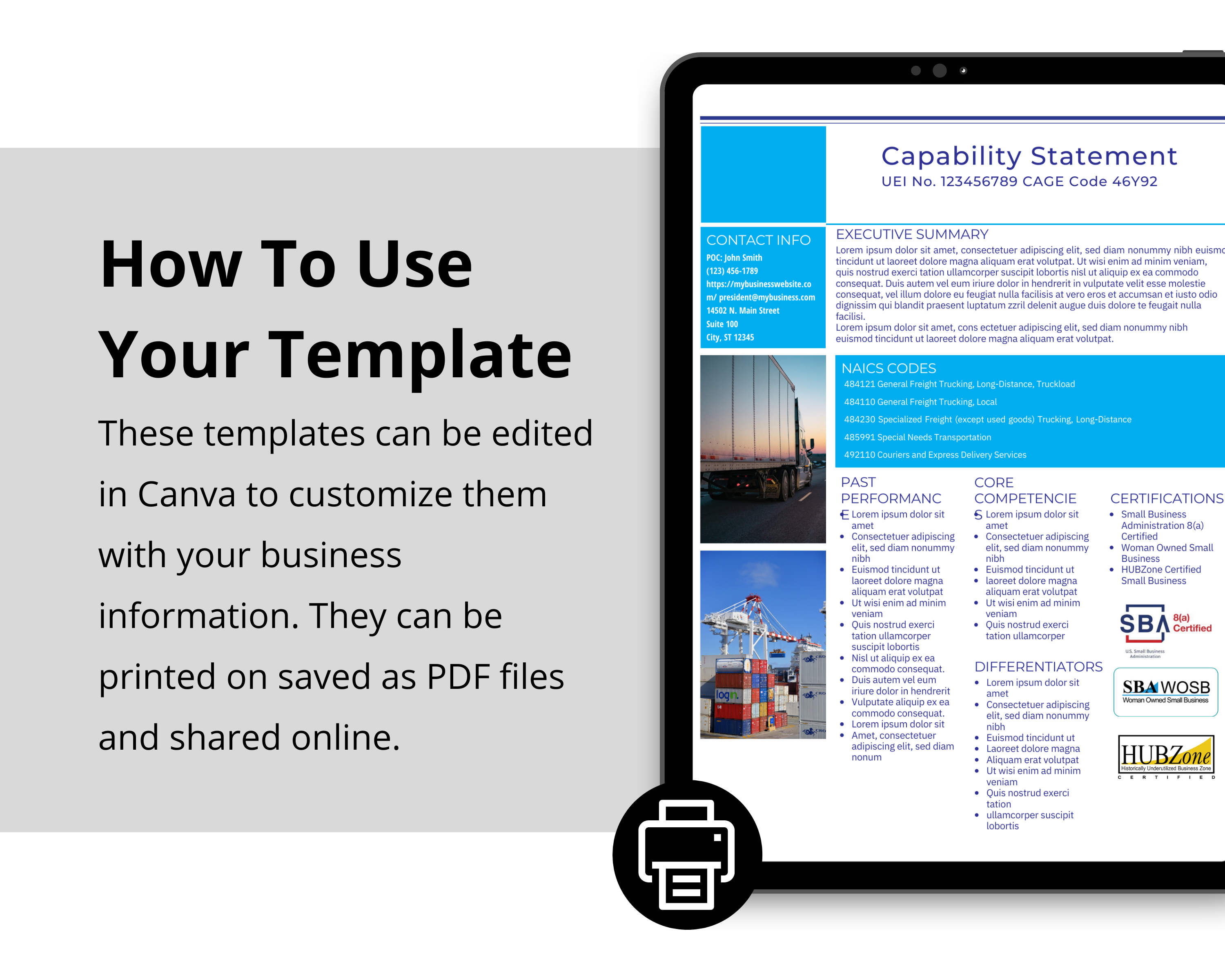 Editable Logistics Capability Statement Template: Government Marketing (Canva)
