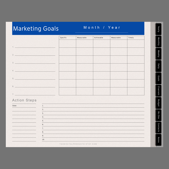 Business planner digital Goodnotes weekly monthly planning goals for marketing business calendar iPad and tablet use landscape layout