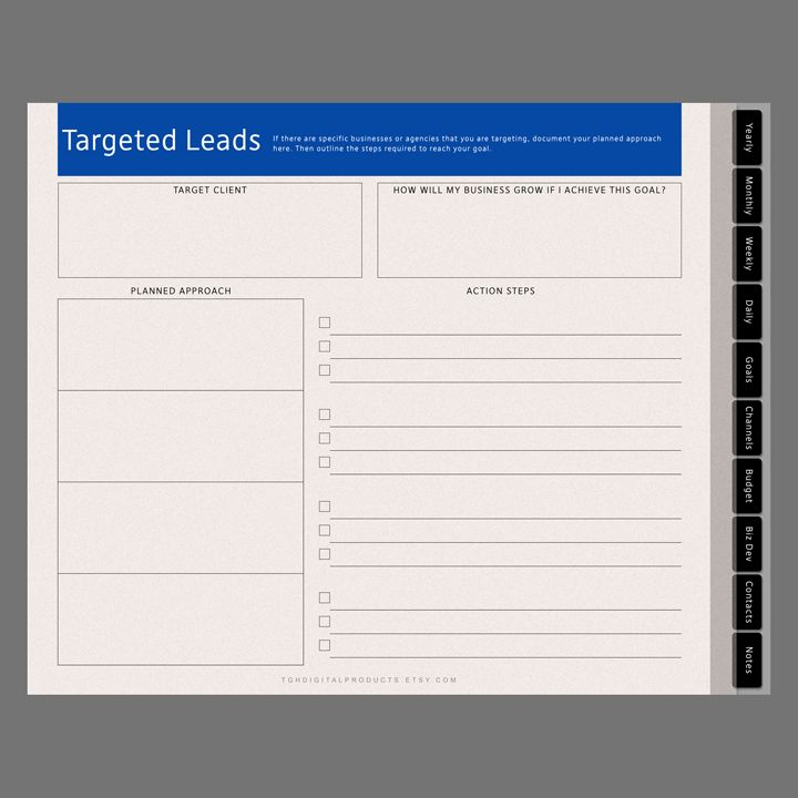 Business planner digital Goodnotes weekly monthly planning goals for marketing business calendar iPad and tablet use landscape layout