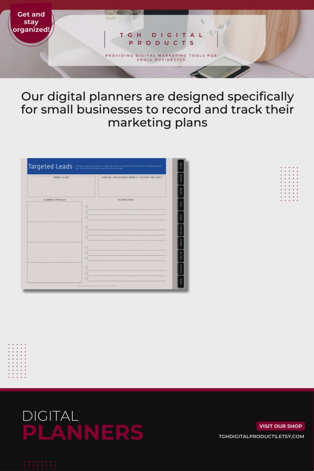 Business planner digital Goodnotes weekly monthly planning goals for marketing business calendar iPad and tablet use landscape layout