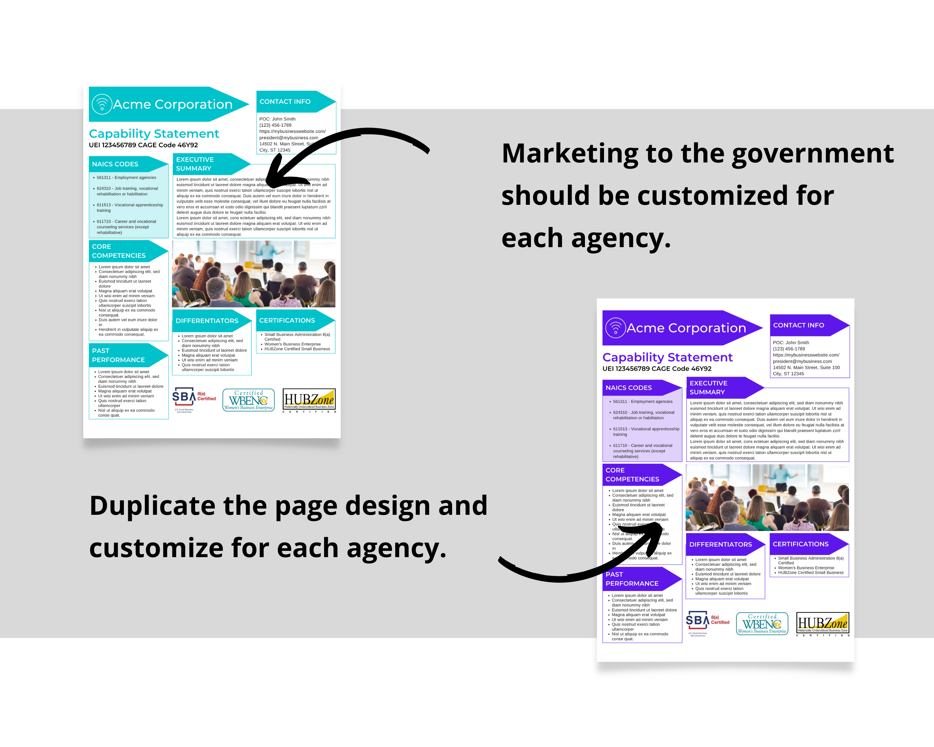 Capability brochure template editable in Canva, Government marketing statement template for employee training