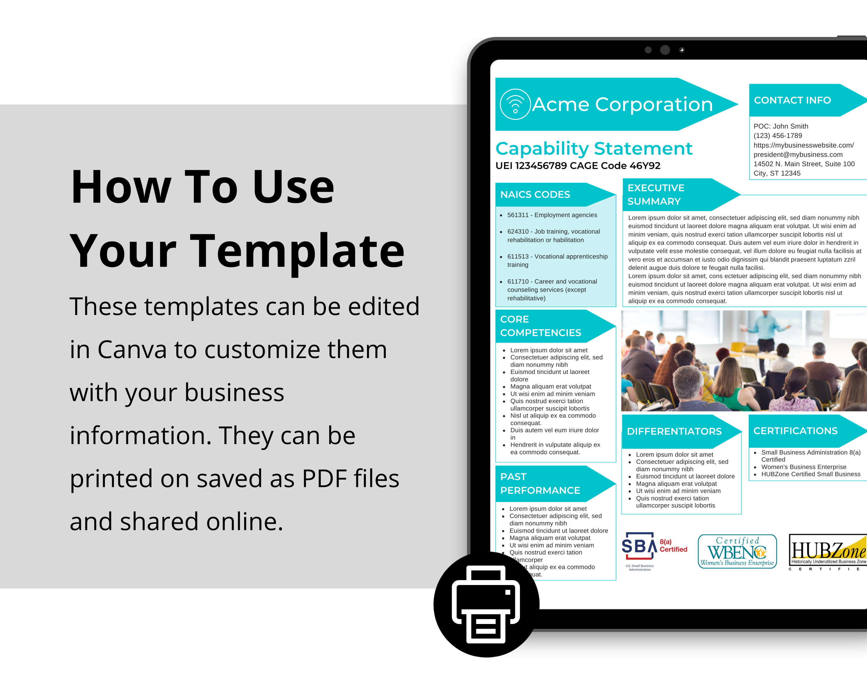Capability brochure template editable in Canva, Government marketing statement template for employee training