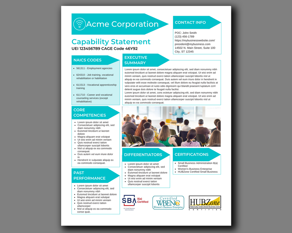 Capability brochure template editable in Canva, Government marketing statement template for employee training